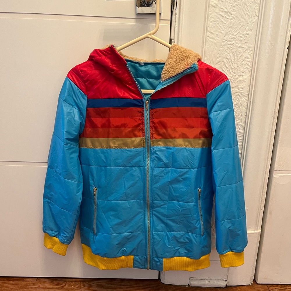 Women’s light blue/striped jacket with hood size medium